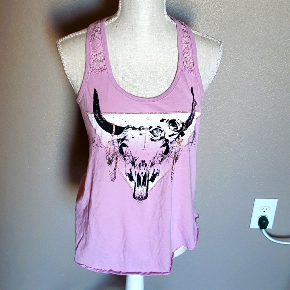 No Boundaries Racerback lace long horn scull boho glitter features, flor…